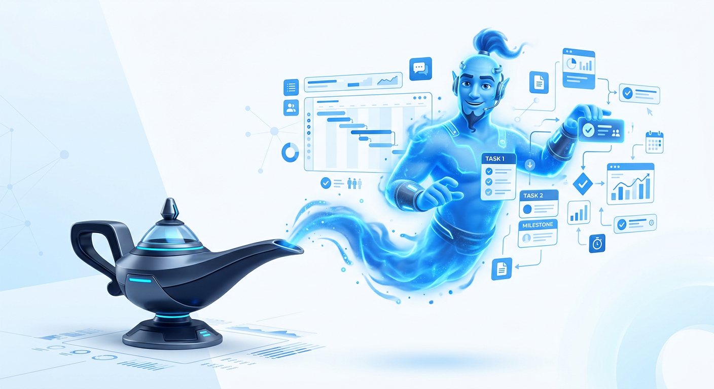 Genie orchestrating a cohort of specialized AI agents into a project plan